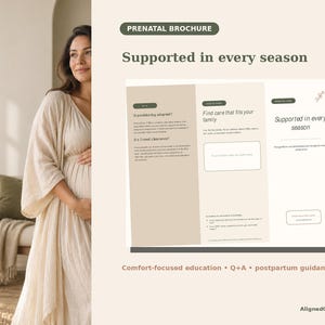 Peut inclure: Une brochure prénatale à trois volets avec un schéma de couleurs beige et vert foncé. Le texte inclut "Prenatal Brochure," "Supported in every season," "Is positioning adapted?," "Find care that fits your family," et "Comfort-focused education."