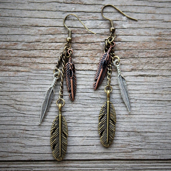 Tri Metal Feather Earrings (brass tone ear wire)