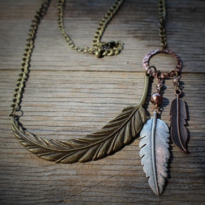 Tri Metal Curved Feather Necklace