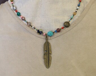 Multi Stone Feather Necklace