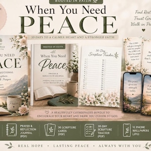 May include: A 30-day devotional book titled When You Need PEACE, a prayer and reflection journal, a 30-day scripture tracker, 30 scripture cards, and 10 phone wallpapers. The set features floral accents, mountain landscapes, and text.