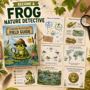 May include: A nature detective field guide book titled Become a Frog Nature Detective with a cartoon frog on the cover, accompanied by several educational activity cards detailing frog life cycles, habitats, and identification facts.
