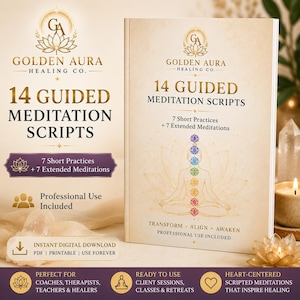 May include: A book titled 14 Guided Meditation Scripts by Golden Aura Healing Co. The cover features a gold lotus logo, a line drawing of a person in a seated meditation pose with seven colored chakra symbols, and the text Transform, Align, Awaken.