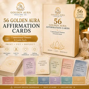 May include: A set of 56 Golden Aura Affirmation Cards in a rectangular box. The cards feature pastel colors and text including I am worthy of love and joy, I choose peace over worry, I trust the timing of my life, I radiate confidence and grace.