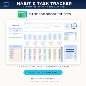 Peut inclure: Un modèle numérique de suivi des habitudes et des tâches pour Google Sheets présentant un tableau de bord avec un calendrier mensuel, des graphiques de progression, des listes d'habitudes et des statistiques. L'interface affiche les données de mars 2026.