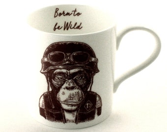 Human Monkey Motorcycle Mug, Born to be Wild Bone China Tea Coffee Cup, Monkey Drawing, Humorous Art, Gift for Him, Funny