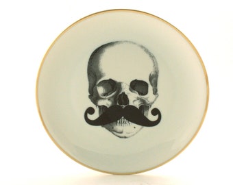 Skull Vintage Plate Dish 7.48" Porcelain, Halloween Table Art, Decor Mexico Skull Moustache Dish, Skull Art, Christmas Goth Gift for Him