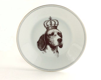 SALE Soup Plate, Altered Art, Royal Dog Crown Plate, Vintage Plate, Porcelain White, Baptism Gift, Pet Art Plate, Birthday Child Gift, Kid