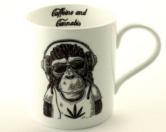 Reggae Monkey Mug, Caffeine and Cannabis, Bone China Tea Coffee Cup, Humorous Art Mug, Personalized Mug, Gift for Him, Funny