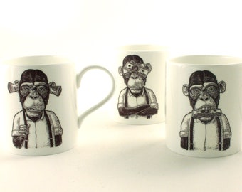 Three Wise Monkeys Mugs, Bone China Tea Coffee Cup, No Evil Speak Hear See Monkey Drawing, Money Dollar, Personalized, Gift for Him, Funny