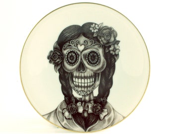 SALE Sugar Skull Plate, Vintage Porcelain Plate 70&#39;s, Βraids, Day of the Dead Mexico Αrt, Halloween Plate, Dia de los Muertos Decoration