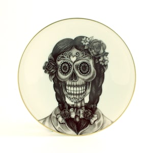 SALE Sugar Skull Plate, Vintage Porcelain Plate 70&#39;s, Βraids, Day of the Dead Mexico Αrt, Halloween Plate, Dia de los Muertos Decoration