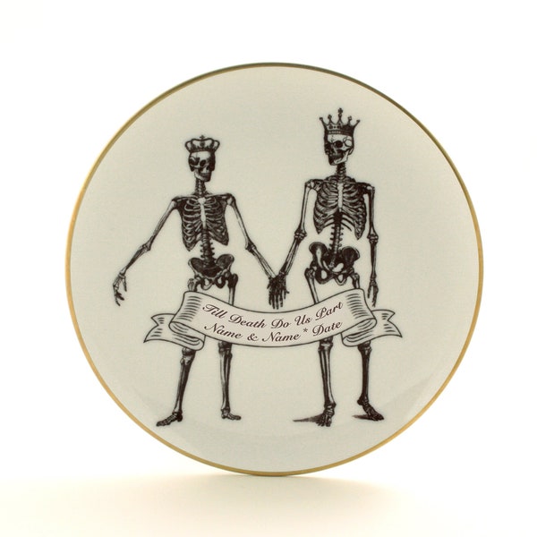 Personalized Anniversary Gift, Skeleton King Queen, Name Date, Till Death Do Us Part, Halloween, Vintage Porcelain Plate, Goth Skull Crown