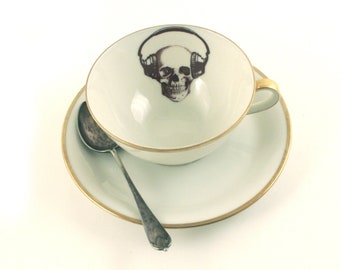 Skull Headphones Music Art gift, Vintage Porcelain Cup Saucer, Goth Gothig Halloween, Gift for Musician, Rap Rock Fan, Anatomy Anatomical