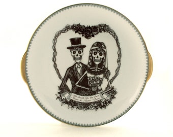 Personalized Spring Wedding Platter Table Gift, Porcelain Cake Platter, Till Death Do Us Part, Skeleton Bride Groom Flower Heart, Names Date