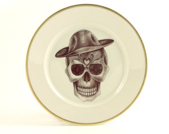 SALE Masculine Sugar Skull Plate, Vintage Porcelain 7.48", Dia De Los Muertos, Mexico Art,  Gift for Him for Men, Day of the Dead, Halloween