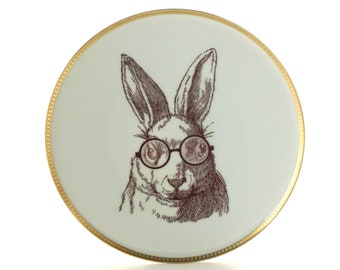 Nerd Rabbit Bunny Round Glasses Plate, Altered Vintage Porcelain Plate, Funny Graduation, Rabbit Lovers Gift, Kitchen Plate, Gift for Nerd