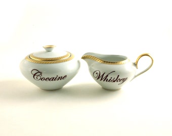 Cocaine Whiskey, Redesigned Vintage Porcelain Sugar Pot Creamer Set, Alcohol Drug, Fun Funny Gift for Table, Humor Humorous Wedding Gift