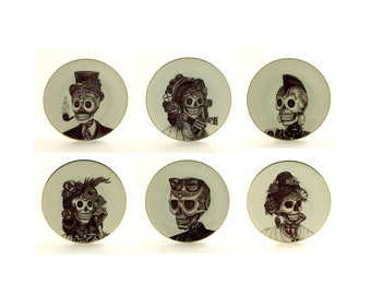 Sugar Skull, Set 6, Vintage Plates 7.5&quot; Porcelain, Wedding Present Gift, Halloween, Day of the Dead, Dia De Los Muertos, Mexico Art