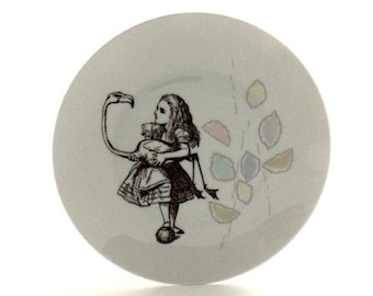 ALICE IN WONDERLAND Flamingo Bird, Geometrical Flowers, Altered Art, Vintage Porcelain Plate, Gift for Her Mom Granny, Floral Motive Spring