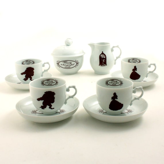 Beauty and the Beast Personalized Set,4 Vintage Espresso Porcelain Cups  Sugar Pot Creamer, Disney Silhouette, Belle Rose Beaumont 