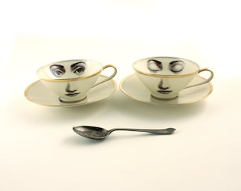 Set von 2 Kaffee Tassen Frau Gesicht Hochzeit Geschenk Porzellan Tee Recycled Vintage Auge Zeichnung Untertassen Braun Romantisch Shaby Chic