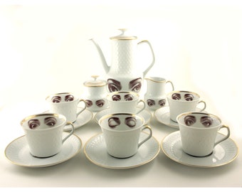 Kaffee Liebhaber Set fuer 6, Vintage Espresso Kaffee Porzellan Set, Kanne 6 Tassen Milchkanne Zuckerdose, Gesicht Auge, Hochzeitsgeschenk