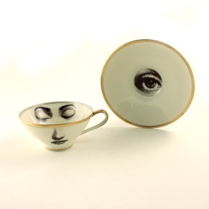 Valentine Wedding Couple, Wedding Gift, 2 Vintage Porcelain Cup, Face Eyes Coffee Tea Cups, Mothers Day Engagement Gift, Face Art image 2