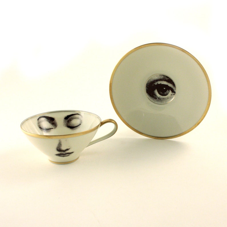 Valentine Wedding Couple, Wedding Gift, 2 Vintage Porcelain Cup, Face Eyes Coffee Tea Cups, Mothers Day Engagement Gift, Face Art image 2