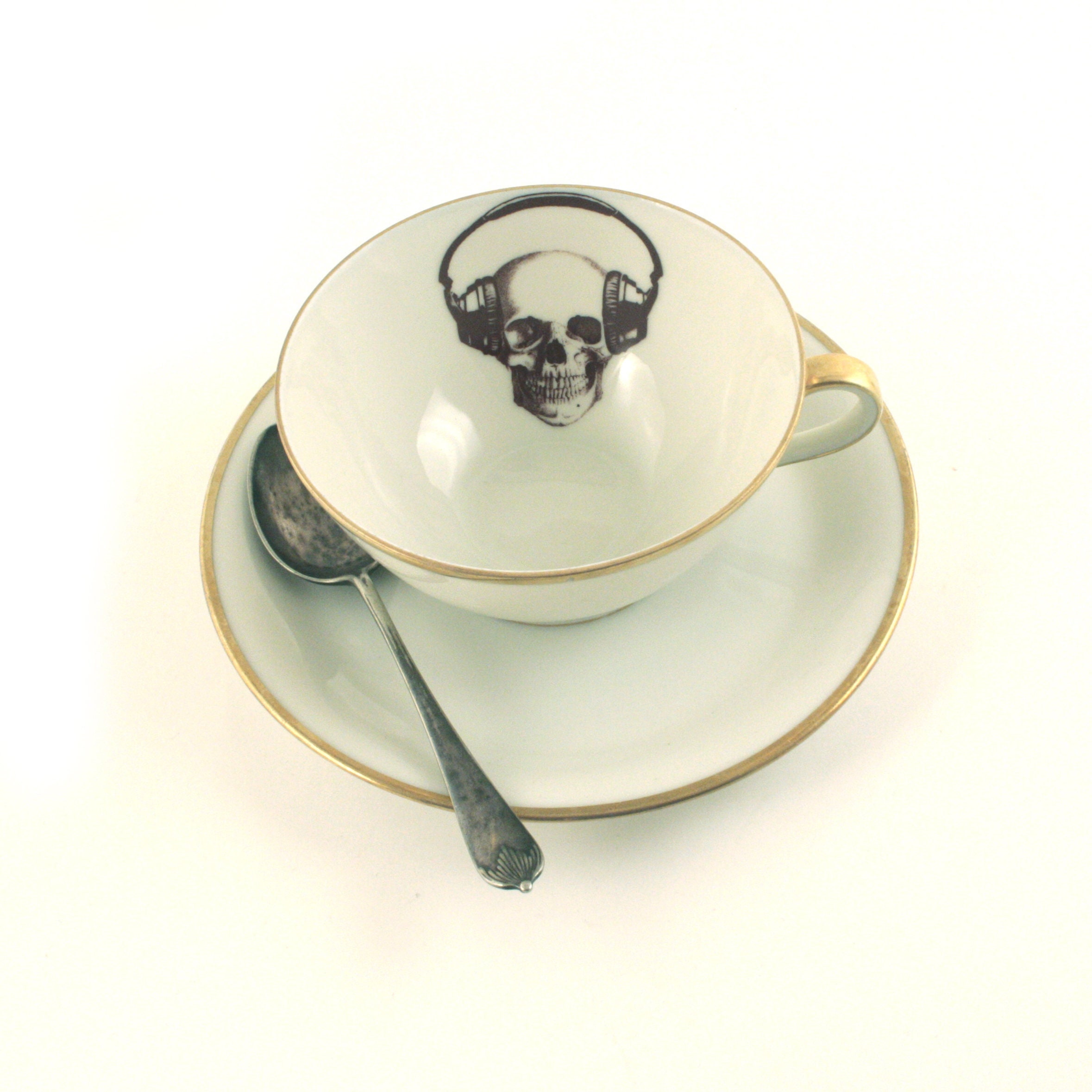 Skull Headphones Music Art gift, Vintage Porcelain Cup Saucer, Goth Gothig Halloween, Gift for Musician, Rap Rock Fan, Anatomy Anatomical