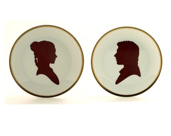 SALE Set of 2 Plates Star Wars Hans Solo Leia, Breakfast Cake for 2, Porcelain Vintage, Silhouettes, Anniversary Wedding Valentines Day Gift