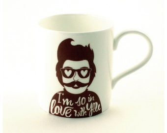 Valentine Gift, Personalized Mug for Her, Love Heart Mug, Christmas Gift, Man Glasses, Bone China Mug, Man Glasses Mustache, Coffee Tea Mug