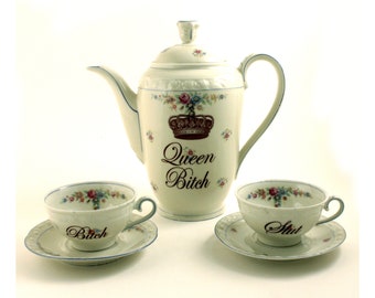 SALE Unique Queen Bitch Slut Tea Coffee Set for 2, Teapot Coffee Pot 2 Cups, Vintage Altered Ceramic, Mature Language, Funny Gift for Adults