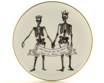 Personalized Wedding Gift, Names Date, Till Death Do Us Part, Halloween Anniversary, Vintage Porcelain Dinner Plate, Skeleton Crown Couple