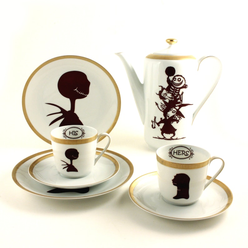 His Hers Wedding Gift Set for 2, Nightmare Before Christmas Lovers, Sally Jack, Vintage Porcelain Espresso Cups Pot Plates, Oogie's Boys image 1
