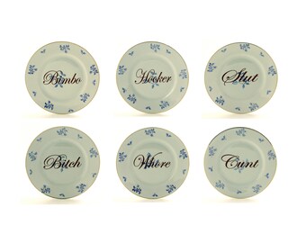 SALE Floral Rude Tea Party, Bridal Party, 6 Plates Set, Wedding Gift, Bridesmaid, Bitch Hooker Slut Whore Cunt Bimbo Vintage Porcelain Plate