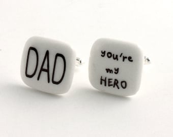 Gift for Daddy, Dad Cuff links, Handmade Square Porcelain Hero Jewelry, Father Day Gift Present, Christmas Father Gift