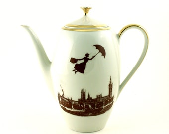 Mary Poppins Redesigned Vintage Teapot Porcelain Coffeepot Nanny Tea Coffee Moovie Big Ben London England Sugar White Brown Romantic