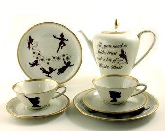 Peter Pan Wendy Tee Kaffee Set, Hochzeit Jubilaeum Valentinestag, Teekanne / Kaffeekanne 2 Tassen  2 Teller, Vintage Porzellan, J. M. Barrie