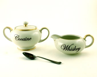 SALE Cocaine Whiskey Redesigned Vintage Porcelain Sugar Pot Creamer Set, Alcohol Drug, Fun Funny Gift for Table, Humor Humorous Wedding Gift