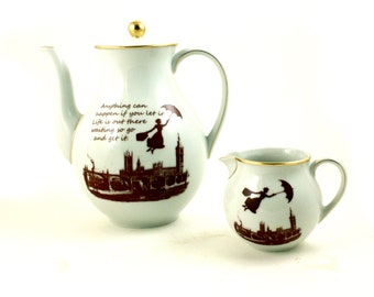 Mary Poppins Mutter Hochzeit Geschenk, Vintage Porzellan Tee Kaffee Set, Teekanne Zuckerdose Milchkanne, Poppins Zitat London England