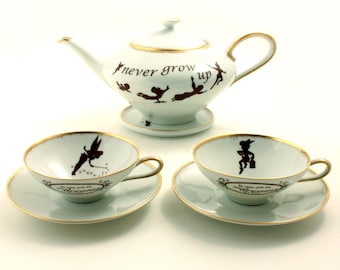 Peter Pan Tea Set Altered Teapot 2 Cups Dish Unique Vintage Porcelain Tinkerbell J. M. Barrie Brown White
