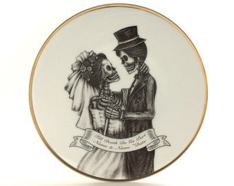 Personalized Valentine Gothic Wedding, Till Death Do Us Part, Goth Bride Groom, Sugar Skull, Vintage Porcelain Plate, Hallowee, Names Date