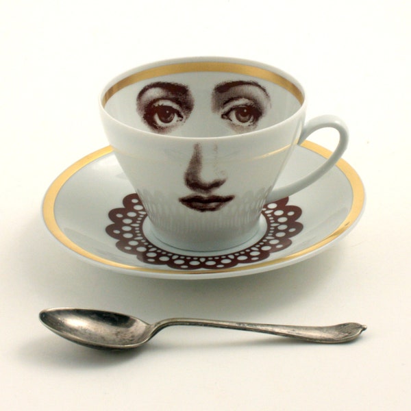 Altered Porcelain Cup Coffee Saucer Woman Face Lace Collar Vintage White Brown Romantic whimsical