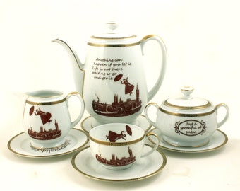 Mary Poppins Recycled Tee oder Kaffee Set Vintage Elfenbeifarbig  Braun Zitat London England