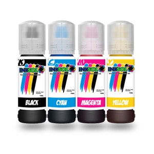 May include: Four bottles of eco-solvent water-based ink for use in eco tank printers. The bottles are labeled black, cyan, magenta, and yellow. Each bottle contains 70 ml of ink.