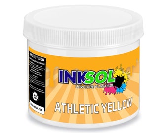 May include: A white plastic jar with a yellow label. The label says "INKSOL LOW CURE PLASTISOL ATHLETIC YELLOW". The jar contains athletic yellow plastisol ink.