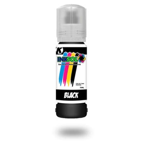 May include: A black ink bottle with a clear cap. The bottle is labeled "INKSOL Eco-Solvent Water-Base Ink" and "BLACK". The bottle contains 70 ml of ink.