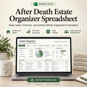 May include: A laptop screen displaying an After Death Estate Organizer Spreadsheet in Excel. The interface includes tabs for assets, debts, expenses, and tasks, with a pie chart for asset allocation, a task tracker, and a financial summary table.