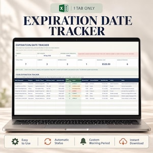 Puede incluir: Una pantalla de portátil que muestra una hoja de cálculo de Excel para el seguimiento de fechas de caducidad con columnas para artículo, categoría, proveedor, referencia, fecha de caducidad, estado, coste, método y notas.